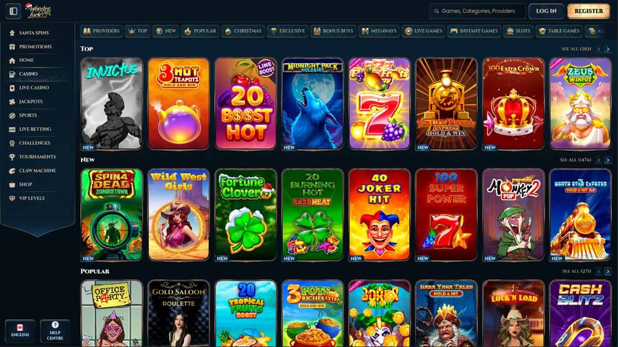 Games page screenshot of WonderLuck Casino