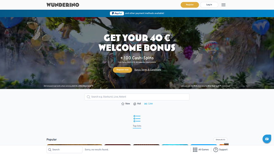 Wunderino Casino Desktop-huvudsida