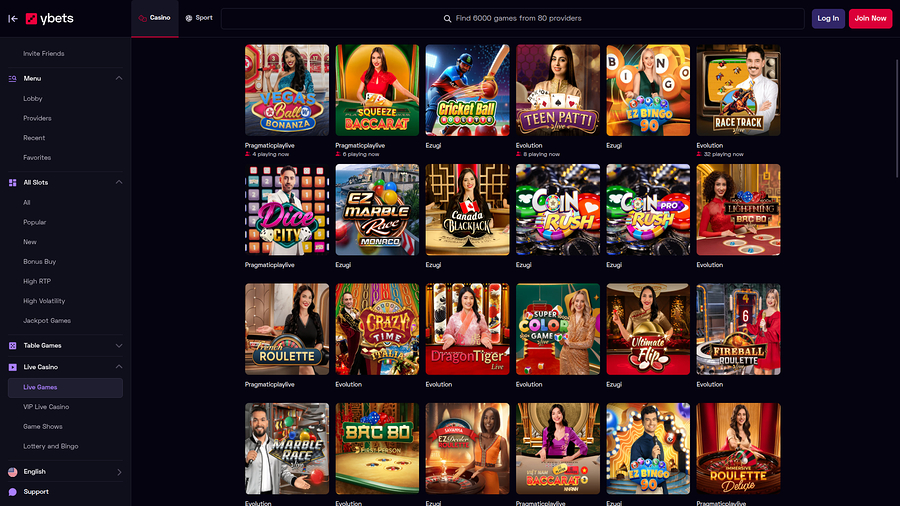 Ybets Casino Desktop Live Dealer