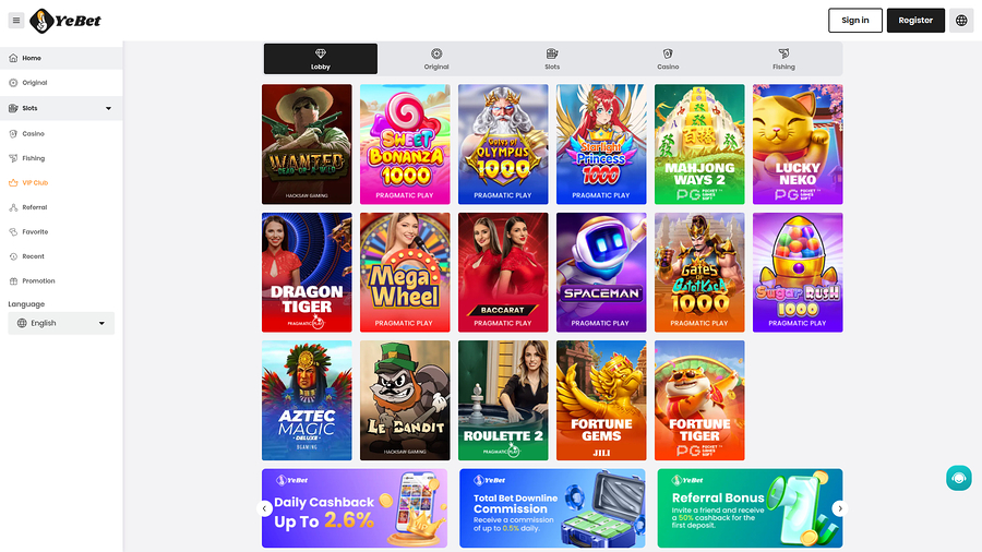 YeBet Casino Desktop Games