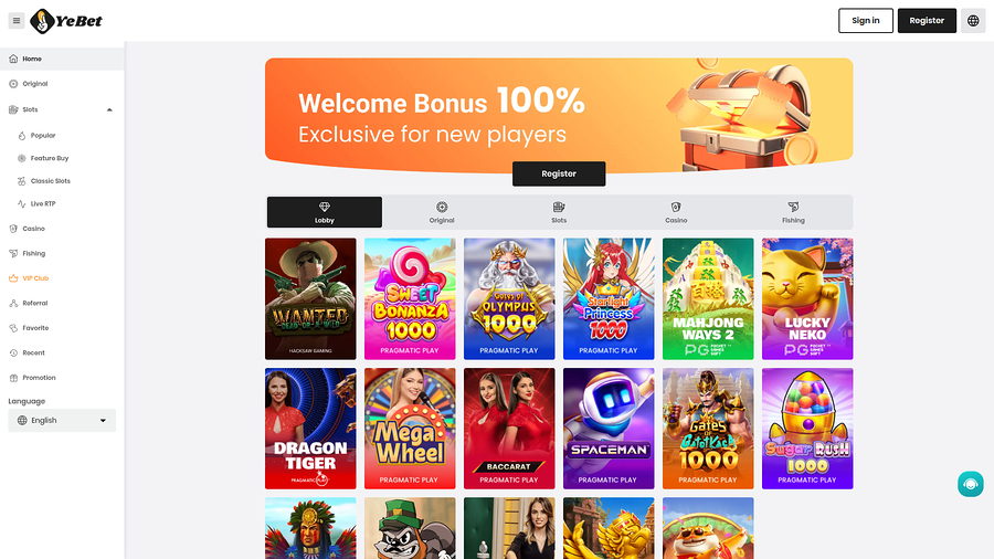 YeBet Casino Desktop Homepage