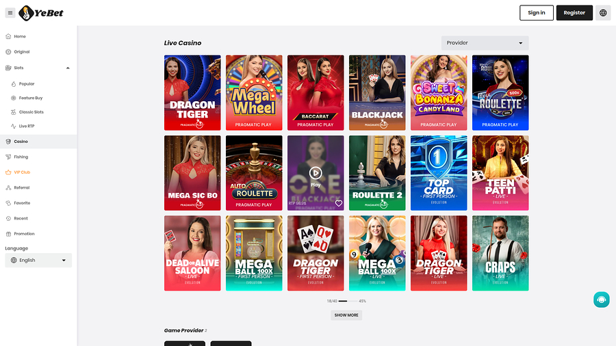 YeBet Casino Desktop Live Dealer