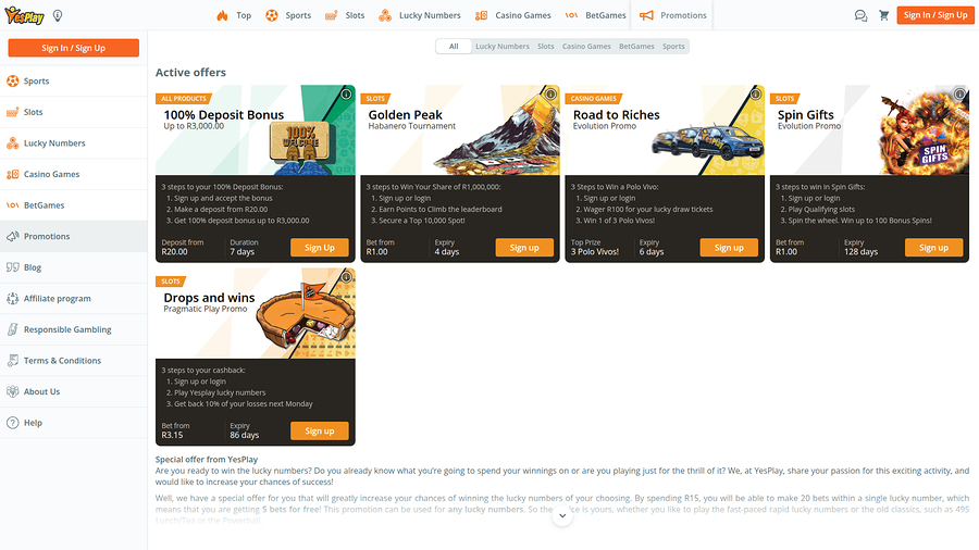 YesPlay Casino Desktop Promotions