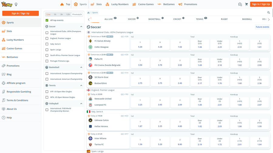 YesPlay Casino Desktop Sports