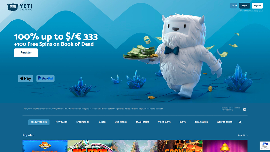 Yeti Casino skrivbordsstartsida