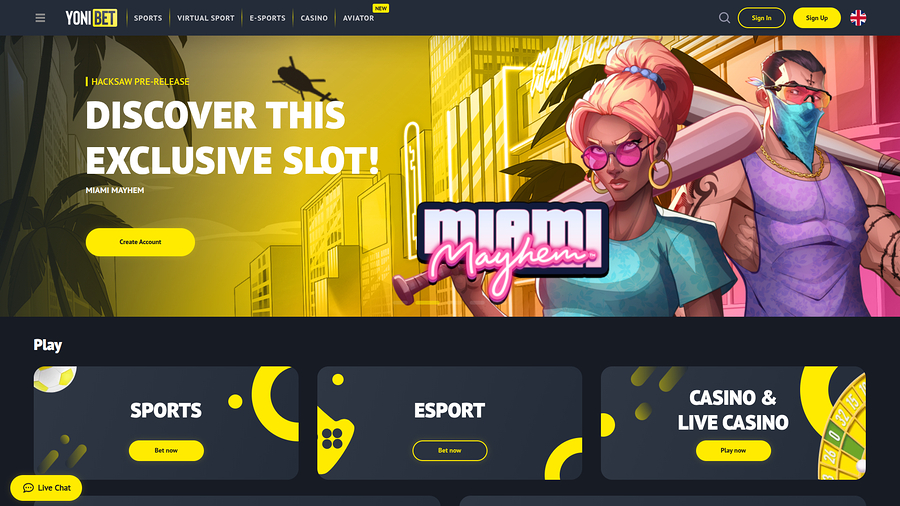 YoniBet Casino Desktop Homepage