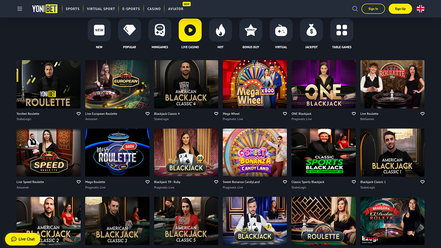 YoniBet Casino Desktop Live Dealer