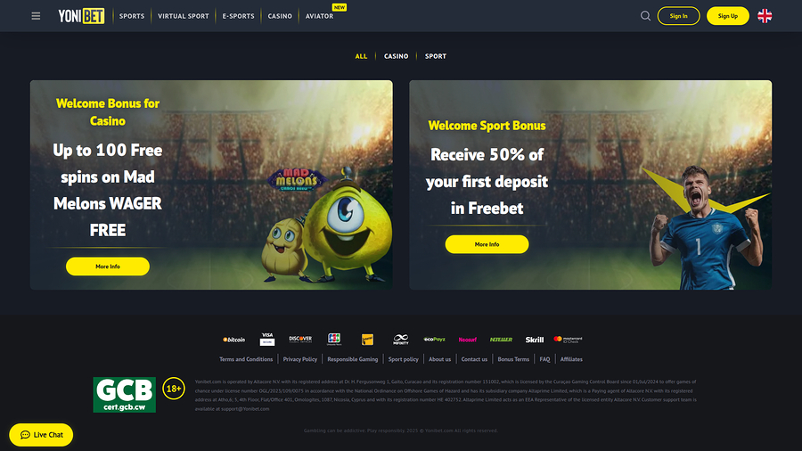 YoniBet Casino Desktop Promotions