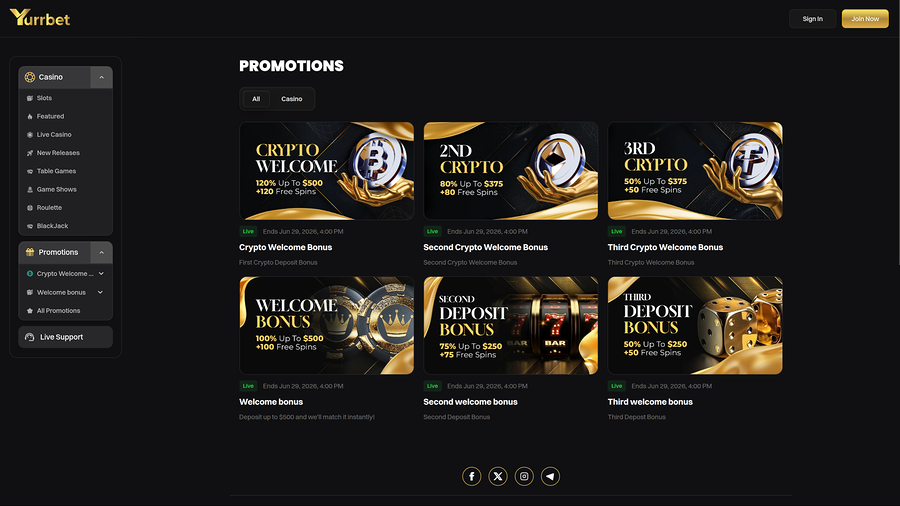 Yurrbet Casino Desktop Promotions