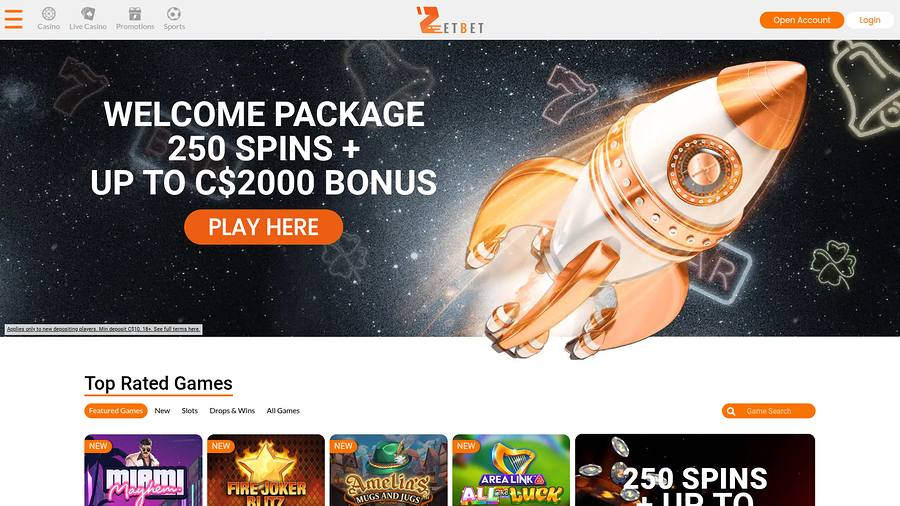 Zet Bet Casino Desktop Homepage