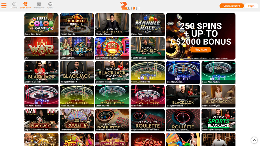 Zet Bet Casino Desktop Live Dealer
