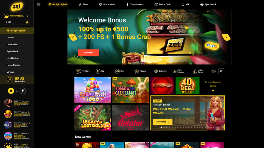 Zet Casino Desktop Homepage