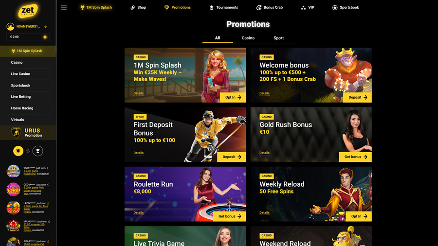 Zet Casino Desktop Promotions