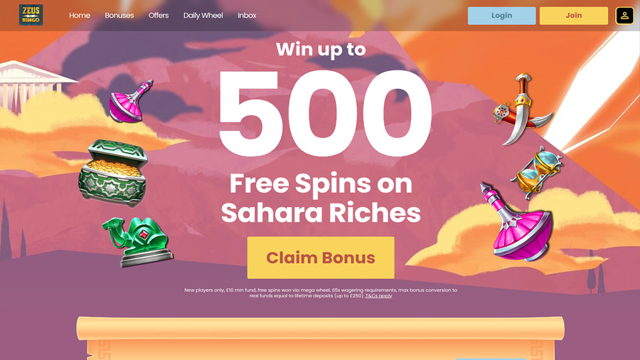 Zeus Bingo Casino Desktop Homepage