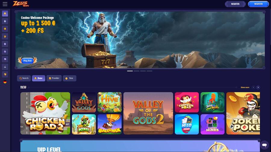 Homepage screenshot of ZeusWin Casino