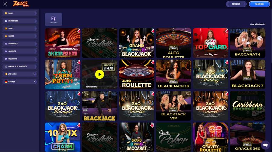 Live games page screenshot of ZeusWin Casino