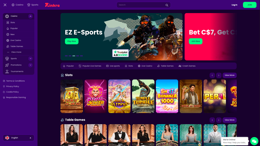 Zinkra Casino Desktop Homepage