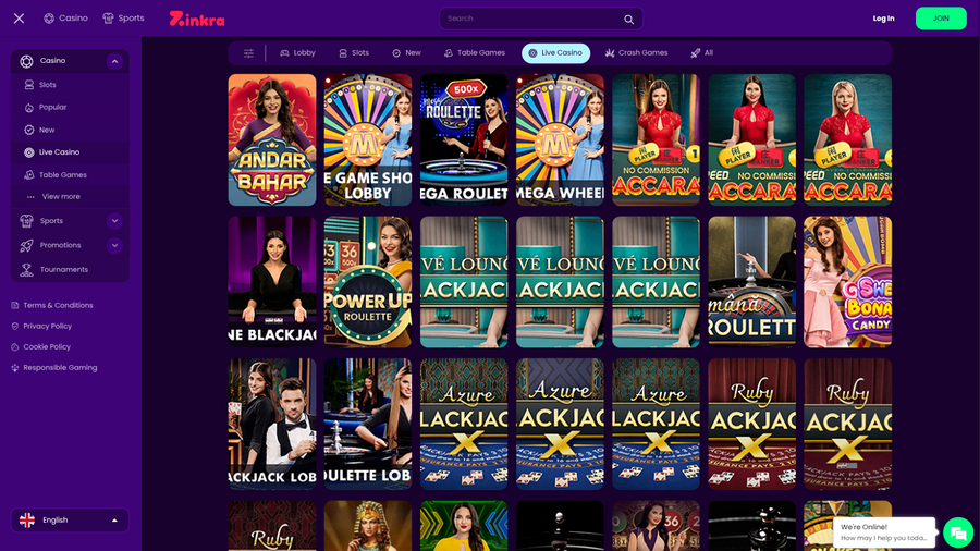 Zinkra Casino Desktop Live Dealer