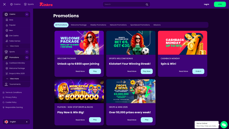 Zinkra Casino Desktop Promotions