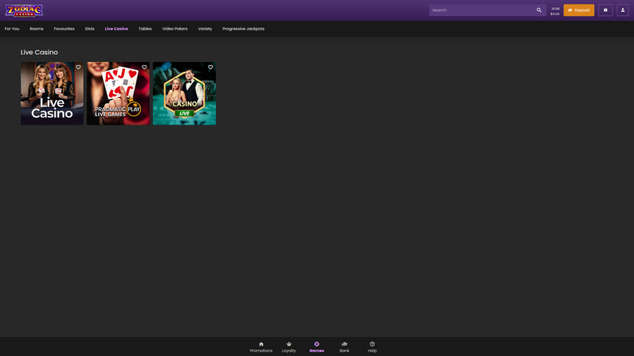 Zodiac Casino Desktop Live Dealer