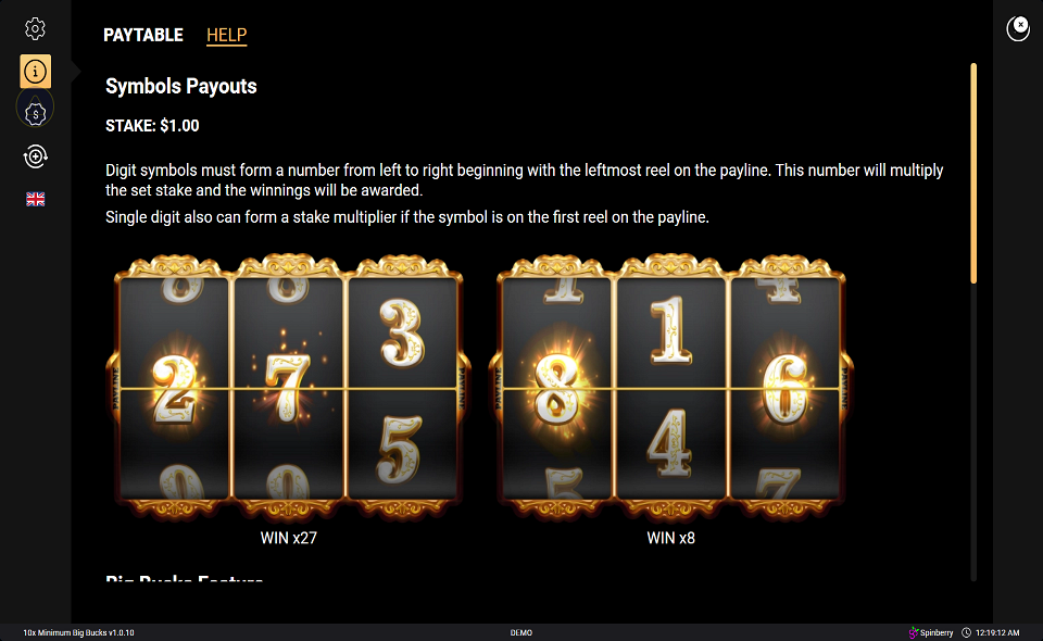 10x minimum big bucks paytable 1