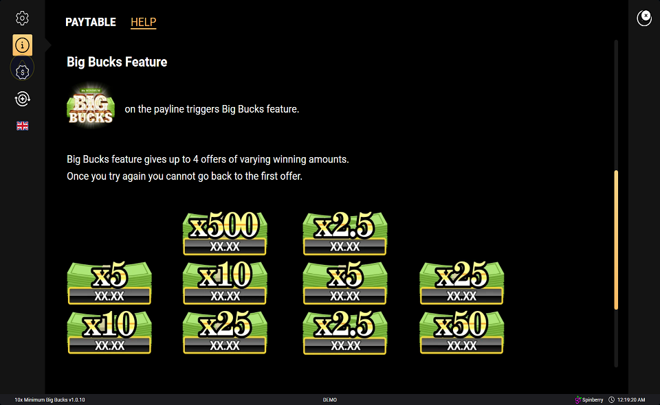 10x minimum big bucks paytable 2