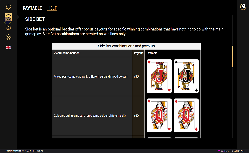 10x minimum side bet paytable 2