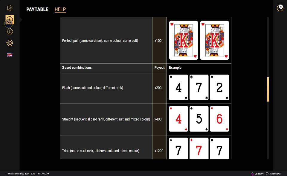 10x minimum side bet paytable 3