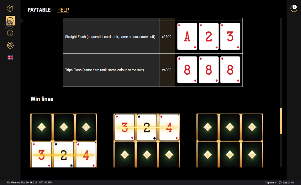 10x minimum side bet paytable 4