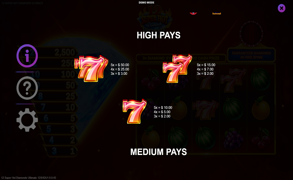 12 super hot diamonds ultimate paytable 1
