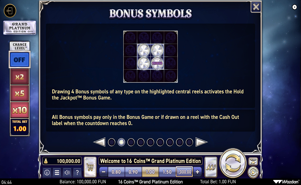16 coins grand platinum edition paytable