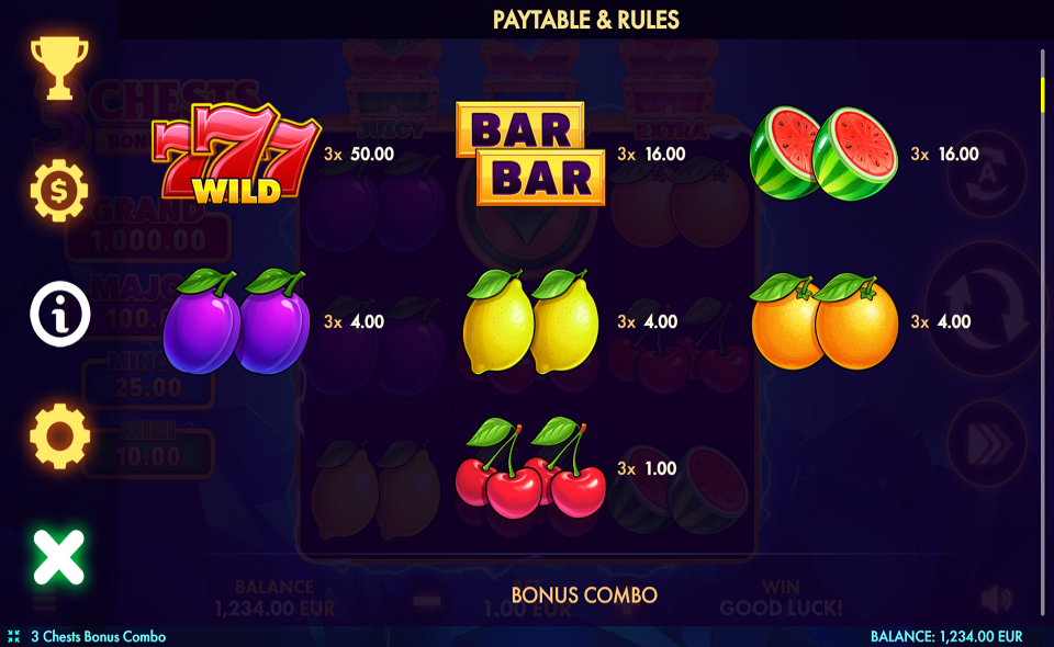 3 chests bonus combo paytable