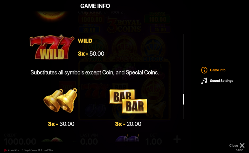 3 royal coins hold and win paytable 1