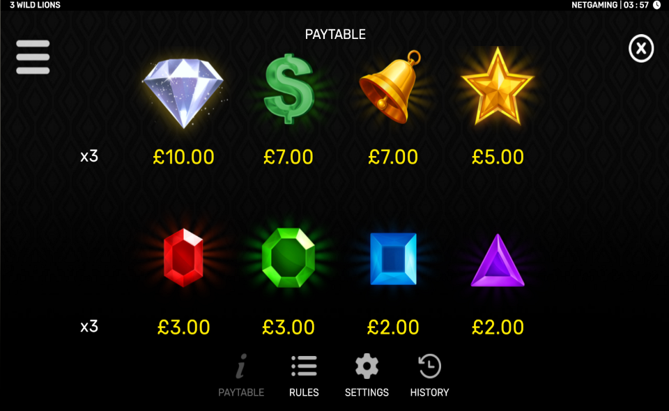 3 wild lions paytable