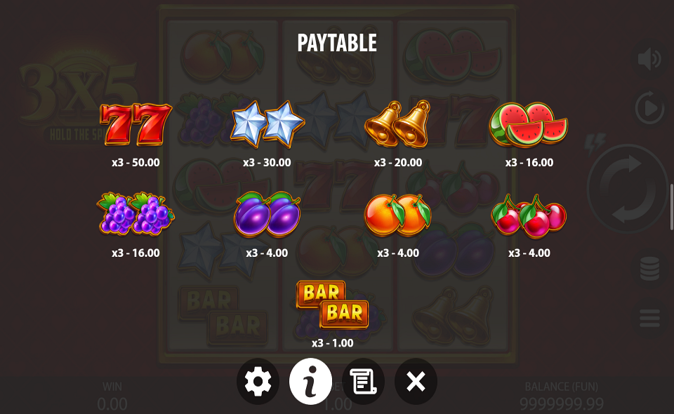 3x5 hold the spin paytable 1
