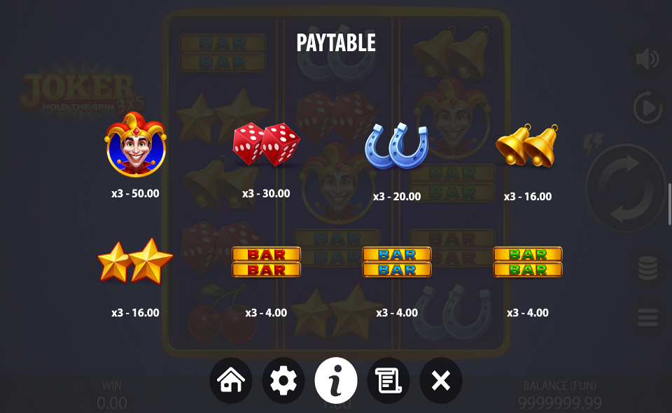 3x5 joker hold the spin paytable 1