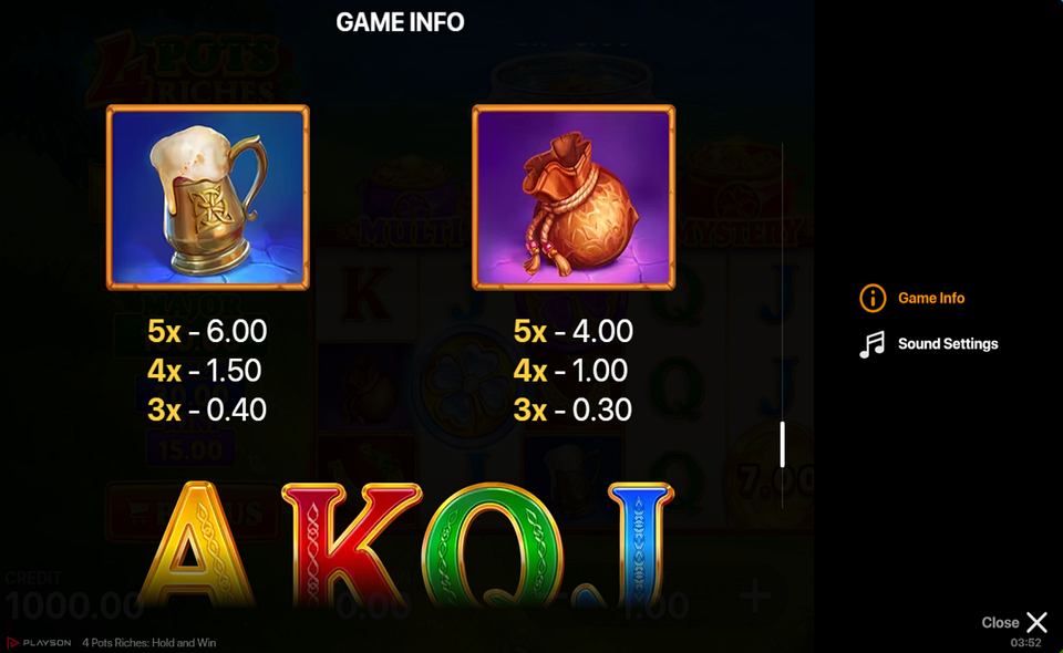 4 pots riches hold and win paytable 2