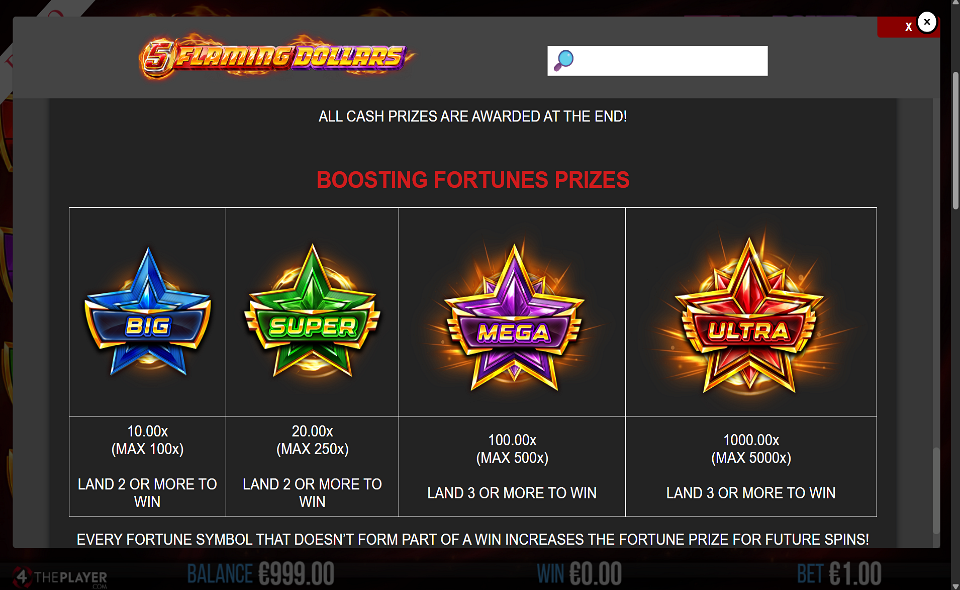 5 flaming dollars paytable