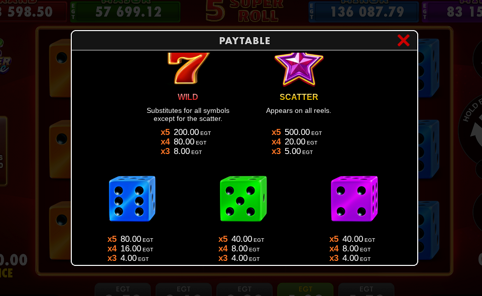 5 super roll paytable 1