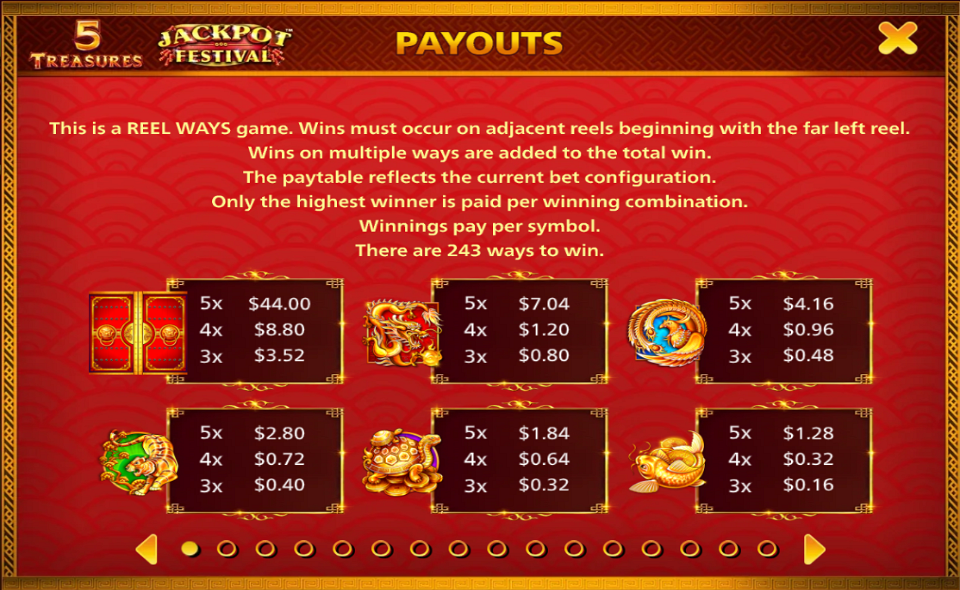 5 treasures jackpot festival paytable 1