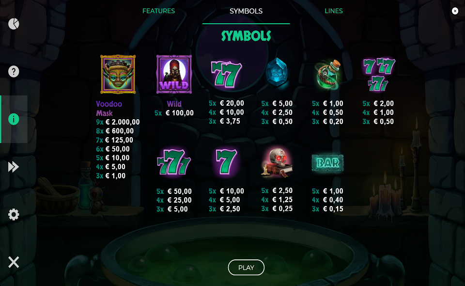 9 masks of voodoo paytable