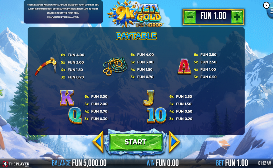 9k yeti gold dream drop paytable 1
