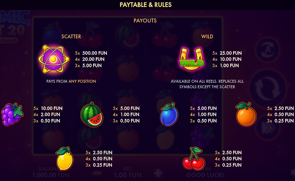 atomic hot 20 classics series paytable