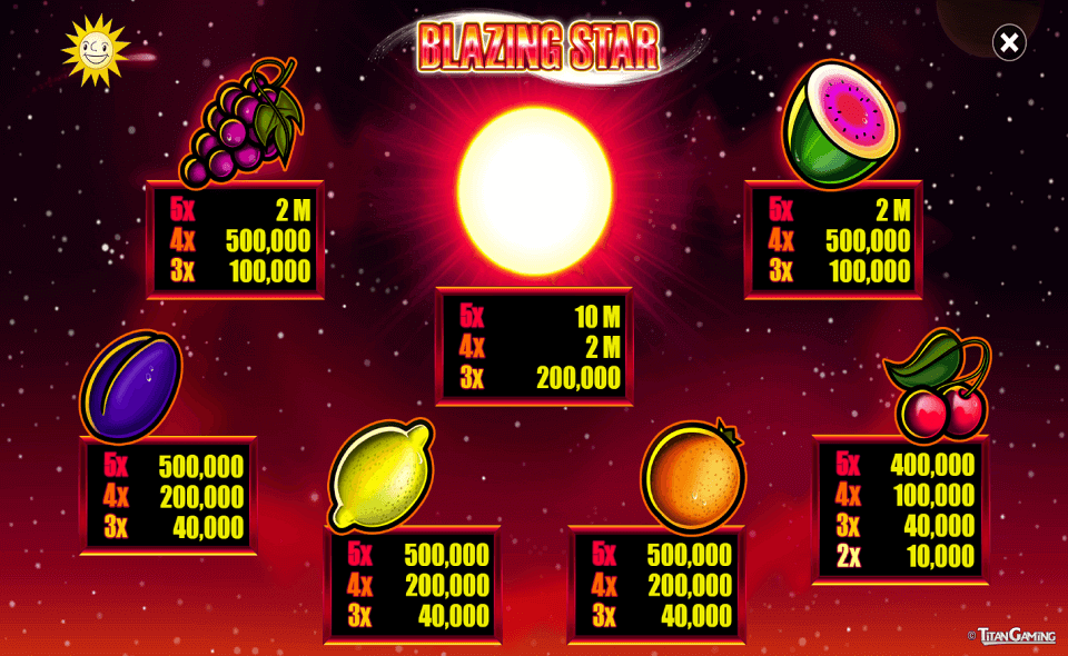 blazing star paytable