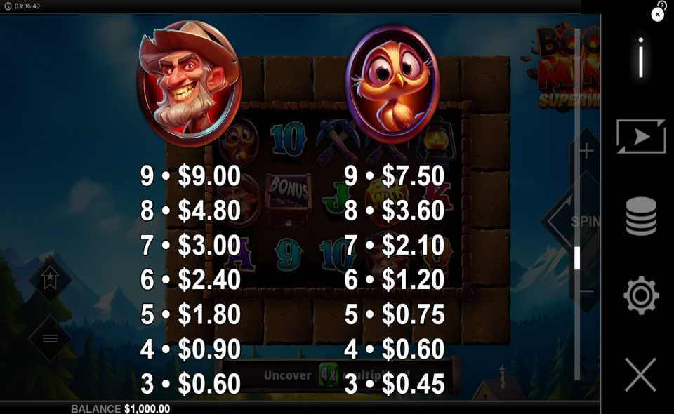boom mine superways paytable 1