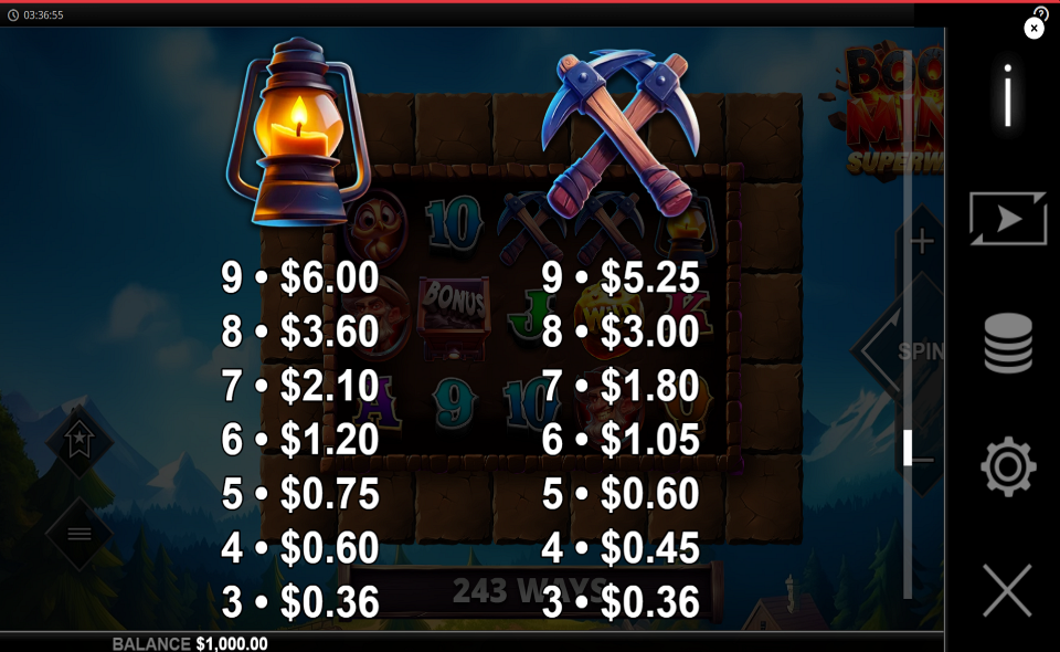 boom mine superways paytable 2