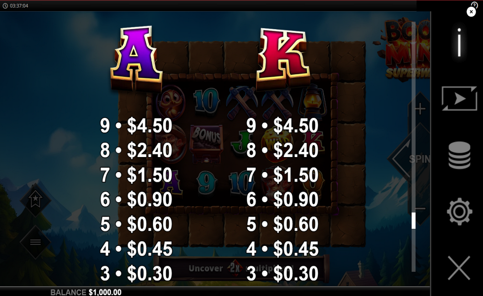 boom mine superways paytable 3