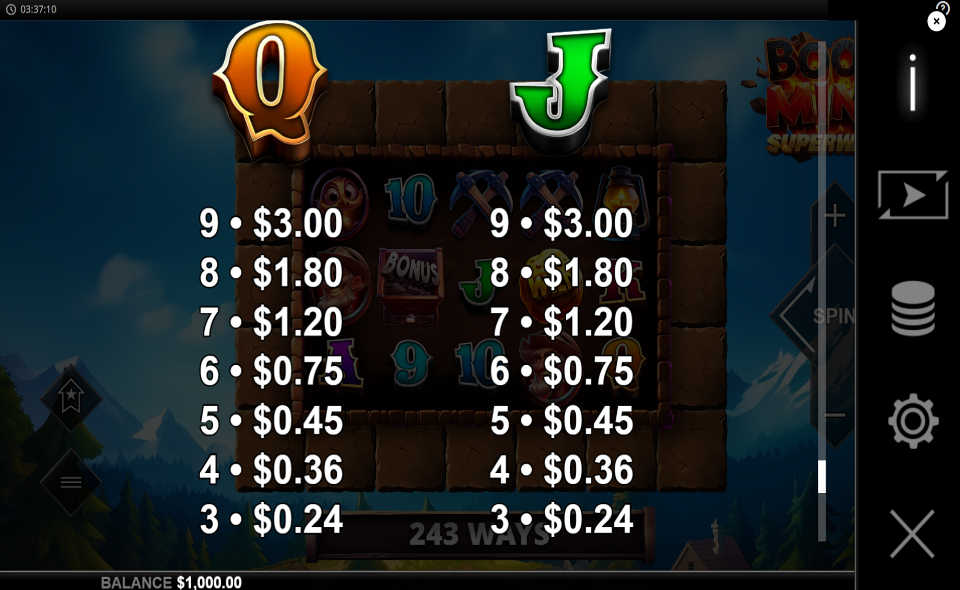boom mine superways paytable 4