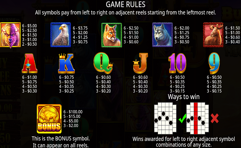 buffalo king untamed megaways paytable