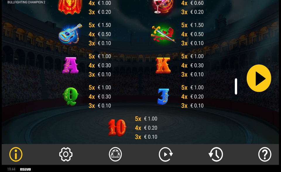 bullfighting champion 2 paytable 1